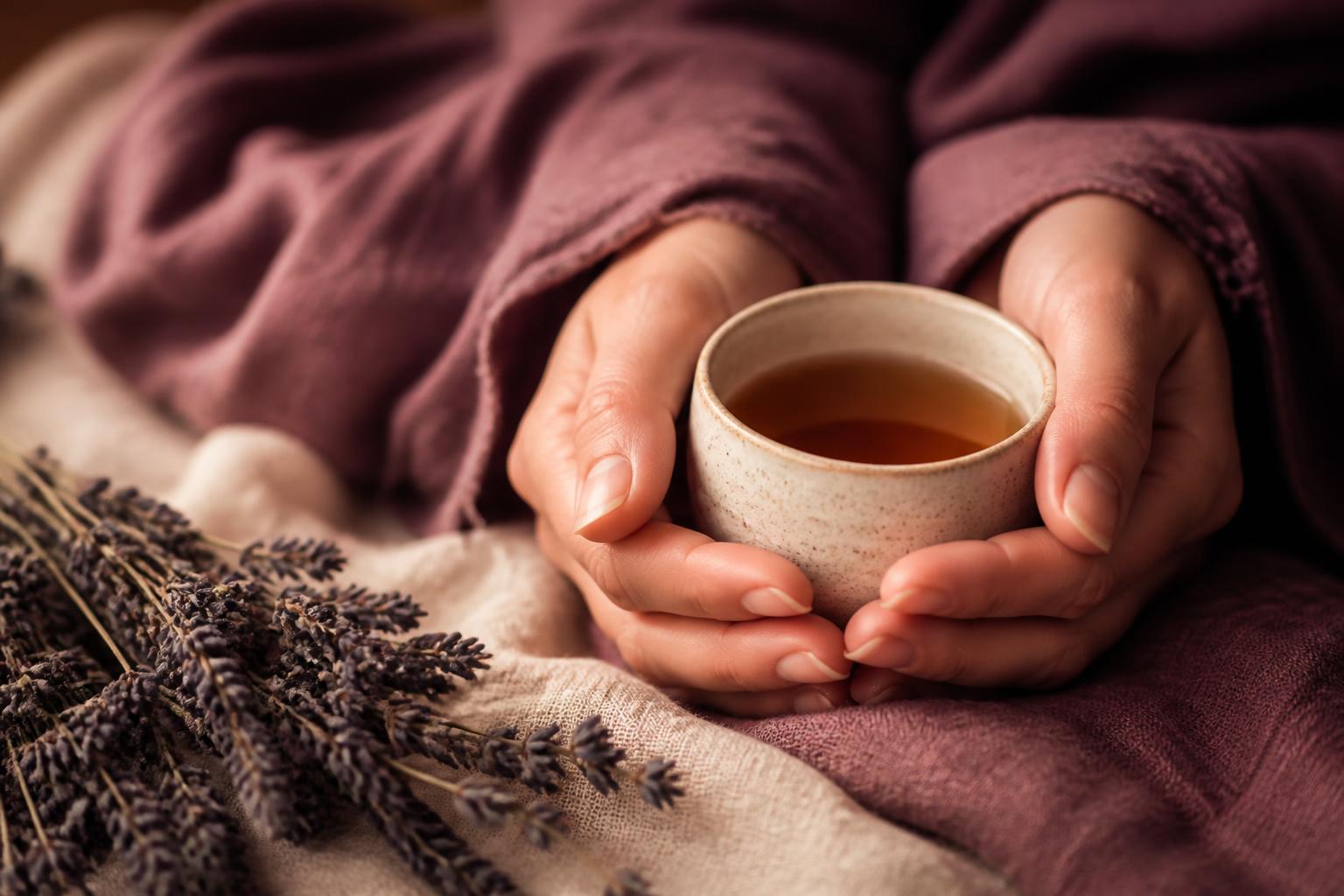 Manos sosteniendo una taza de té cerca de lavanda seca