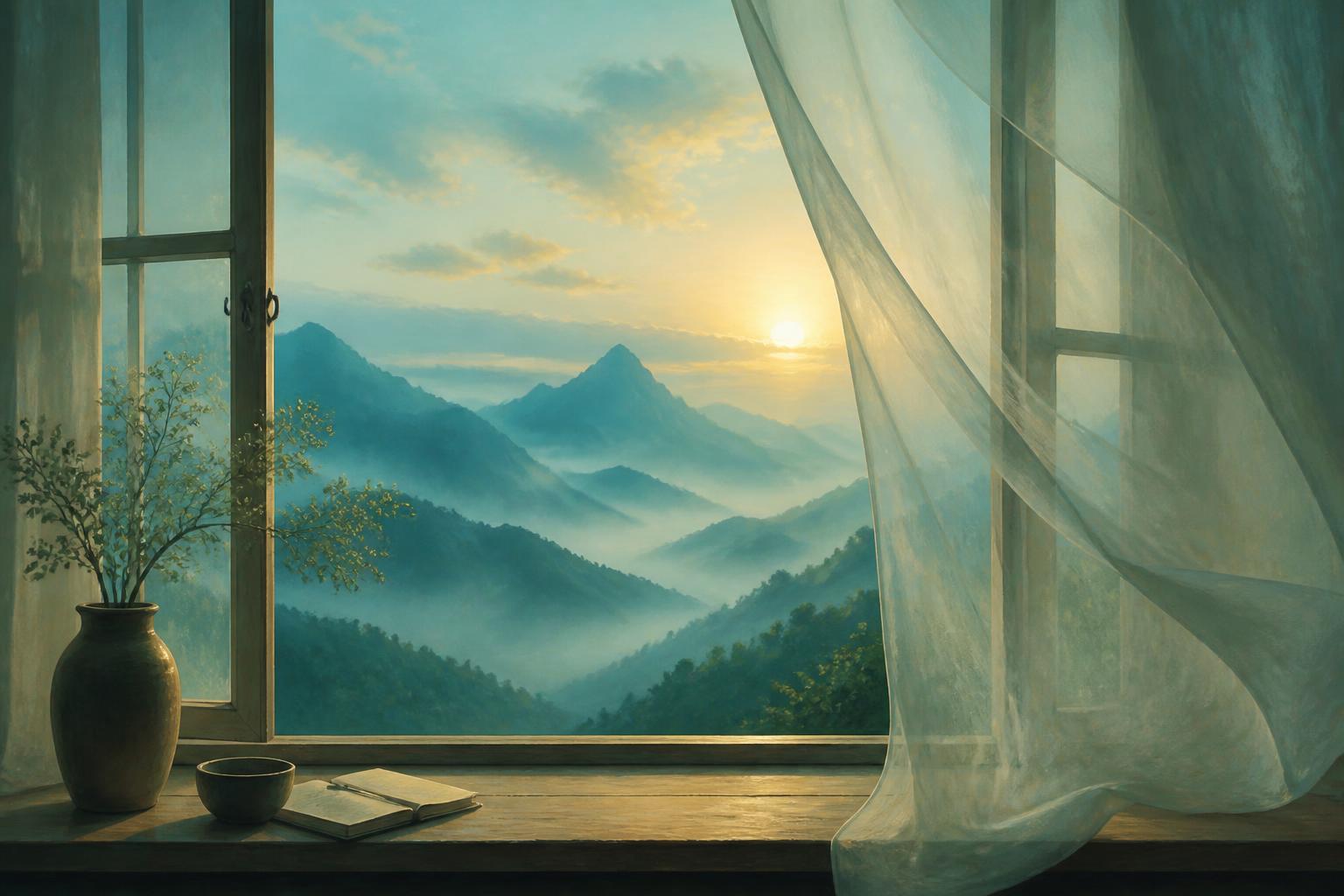 Ventana abierta hacia montañas brumosas al amanecer